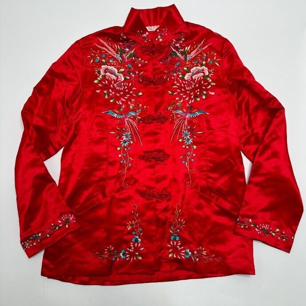 Vtg Vintage Plum‎ Blossoms Silk Rayon Embroidered Birds Floral Kimono Jacket 34